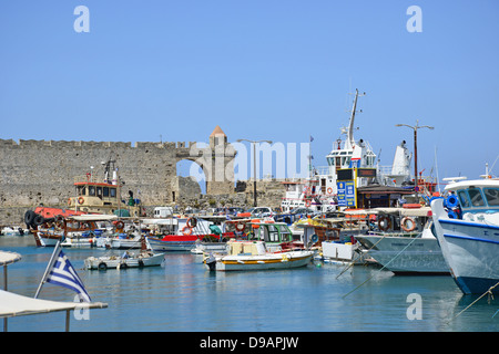 City wall from Kolona Harbour, Old Town, City of Rhodes, Rhodes, Dodecanese, Greece Stock Photo