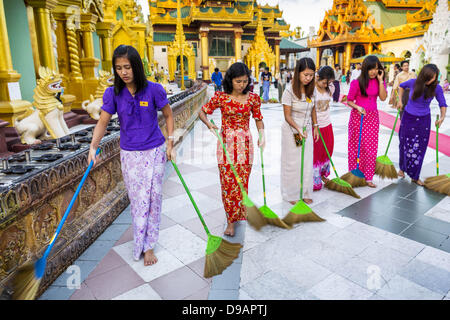 June 15, 2013 - Yangon, Union of Myanmar - Women who volunteer to ''make merit'' clean the grounds of Shwedagon Pagoda. The Shwedagon Pagoda is officially known as Shwedagon Zedi Daw and is also called the Great Dagon Pagoda or the Golden Pagoda. It is a 99 metres (325Â ft) tall pagoda and stupa located in Yangon, Burma. The pagoda lies to the west of on Singuttara Hill, and dominates the skyline of the city. It is the most sacred Buddhist pagoda in Myanmar and contains relics of the past four Buddhas enshrined: the staff of Kakusandha, the water filter of Koá¹‡Ägamana, a piece of the robe of Stock Photo