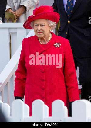 Egham, UK. 16th June, 2013. Britain's Queen Elizabeth II attends the Cartier Queen's Cup Final at Guards Polo Club in Egham, 16 June 2013. Photo: Albert Nieboerdpa/Alamy Live News Stock Photo