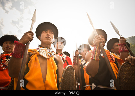 Naga tribal warriors in traditional outfit with spear, Hornbill Festival, Kohima, Nagaland, India Stock Photo