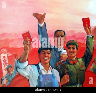 detail of a 1968 Cultural Revolution, Chinese Communist poster. Shows workers and soldier with the 'Thoughts of Chairman Mao Tse Tung' (Mao  Zedung). Stock Photo