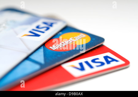 Closeup of VISA, Mastercard and Union pay credit cards. Stock Photo
