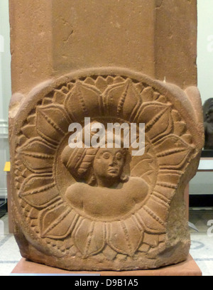 Pillar from the Buddhist Tree Shrine at Bodhgaya 1-100. Shunga Period. The Buddha achieved enlightenment under a bodhi tree.  The site of this tree later became a shrine, enclosed by a railing to mark the path of the pilgrims' ritual circular walk. Stock Photo