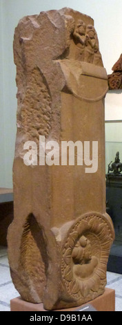 Pillar from the Buddhist Tree Shrine at Bodhgaya 1-100. Shunga Period. The Buddha achieved enlightenment under a bodhi tree.  The site of this tree later became a shrine, enclosed by a railing to mark the path of the pilgrims' ritual circular walk. Stock Photo