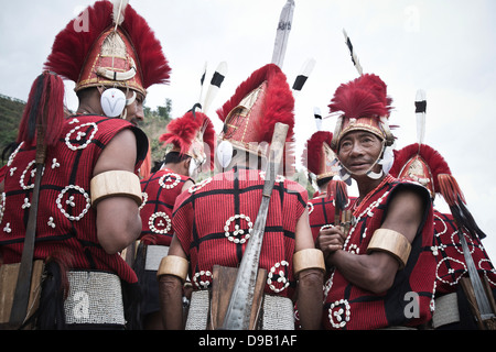 Naga tribal warriors in traditional outfit, Hornbill Festival, Kohima, Nagaland, India Stock Photo