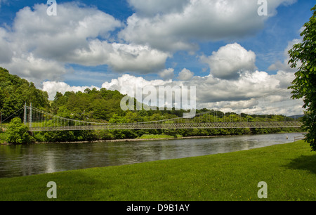 SUSPENSION BRIDGE OVER THE RIVER SPEY AT ABERLOUR WITH FISHERMAN Stock Photo