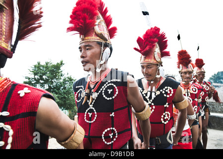 Naga tribal warriors in traditional outfit, Hornbill Festival, Kohima, Nagaland, India Stock Photo