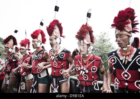 Naga tribal warriors in traditional outfit, Hornbill Festival, Kohima, Nagaland, India Stock Photo