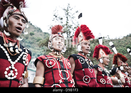 Naga tribal warriors in traditional outfit, Hornbill Festival, Kohima, Nagaland, India Stock Photo