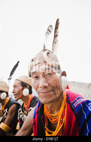 Portrait of Naga tribal men in traditional outfit, Hornbill Festival, Kohima, Nagaland, India Stock Photo