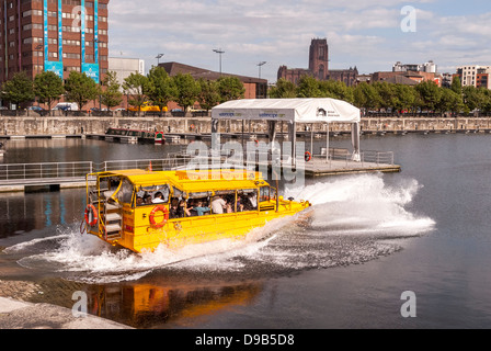 A DUKW amphibious vehicle that takes tourists around Liverpool city and docks at the Salthouse Dock. Known as Duck Marine. Stock Photo