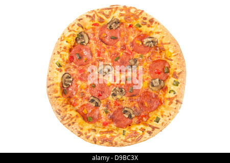 Whole pepperoni pizza top view on a white background Stock Photo