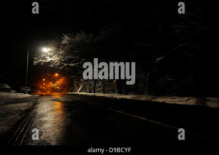 Snow scenes in Essex Snow in white and monochromatic light reflected off street lamps near Gallows Corner in Essex. Essex, England - 10.02.12 Stock Photo