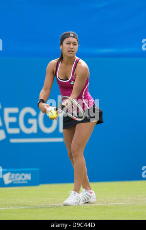 Eastbourne, UK. 17th June, 2013. Aegon International 2013 Eastbourne UK - Monday 17th June. Heather Watson of Great Britain serves in her match against Varvara Lepchenko of the USA on centre court. Heather Watson won the match 6-3, 6-4. Credit:  Mike French/Alamy Live News Stock Photo