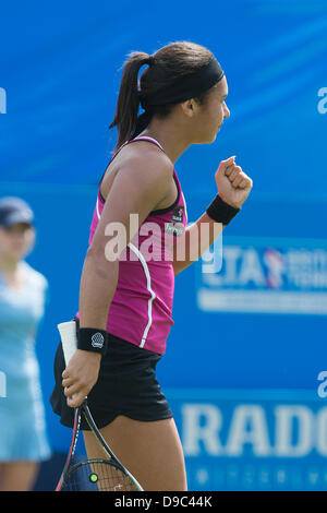 Eastbourne, UK. 17th June, 2013. Aegon International 2013 Eastbourne UK - Monday 17th June. Heather Watson of Great Britain celebrates a won point in her match against Varvara Lepchenko of the USA on centre court. Heather Watson won the match 6-3, 6-4. Credit:  Mike French/Alamy Live News Stock Photo