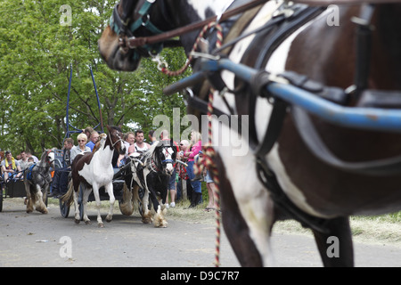 Gypsies drive their horses on the 'flashing lane' or 'mad mile' to show off to buyers at Appleby Horse Fair, in Cumbria, England Stock Photo