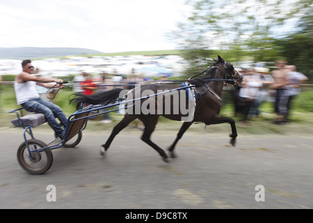 Gypsies drive their horses on the 'flashing lane' or 'mad mile' to show off to buyers at Appleby Horse Fair, in Cumbria, England Stock Photo