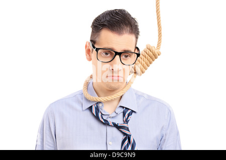 Depressed man executing a suicide with a rope, isolated on white background Stock Photo