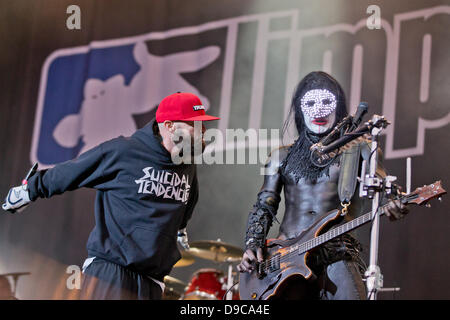 The guitarist of the US-band Limp Bizkit, Wes Borland (R), and singer Fred Durst perform on stage at the Rock im Park 2013 music festival in Nuremberg, Germany, 9 June 2013. Photo: Daniel Karmann Stock Photo