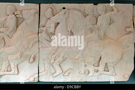 Horsemen depicted in part of the Parthenon friezes at the Parthenon/Acropolis museum, Athens Stock Photo