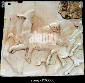 Horsemen depicted in part of the Parthenon friezes at the Parthenon/Acropolis museum, Athens Stock Photo