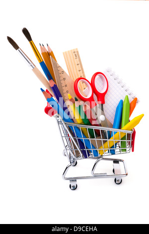 School or office supplies, drawing tools in a shopping cart Stock Photo