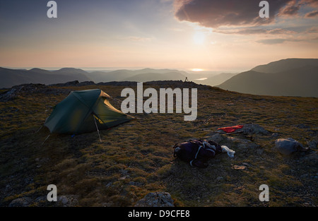 Wild camping on the summit of Robinson, Buttermere in the Lake District. Stock Photo