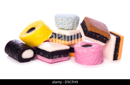 liquorice allsorts on a white background Stock Photo