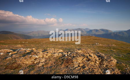 Views towards Great Gable, Fleetwith Pike and Kirk Fell from the summit of Robinson in Buttermere at Sunset, Lake District. Stock Photo