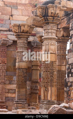 Group of standing columns and pillars at Qut'b Minar in Delhi. Stock Photo