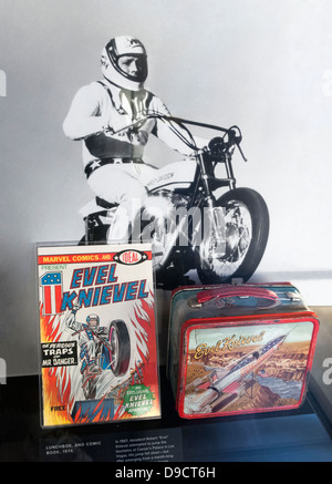 Evel Knievel display with photo, comic book and lunch box at the Harley Davidson Museum, Milwaukee, Wisconsin Stock Photo