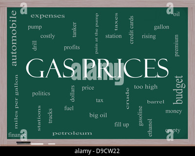 Gas Prices Word Cloud Concept on a Blackboard with great terms such as automobile, pump, costly, gallon, price and more. Stock Photo