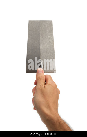 Hand holding trowel on white background Stock Photo