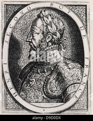 Henry II (1519-1559) King of France from 1547. Died from a wound received whilst jousting.  Engraving. Stock Photo