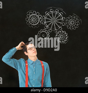 Nerd geek businessman thinking chalk cloud blackboard background Stock ...