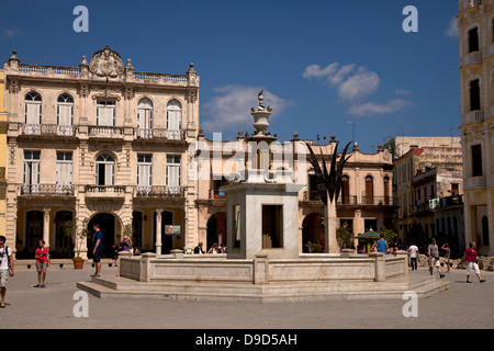 fountain at the old town square Plaza Vieja in Havana, Cuba, Caribbean Stock Photo