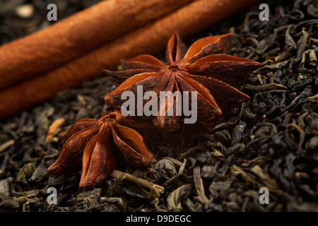 Aniseed stars and cinnamon stick with a tea mixture Stock Photo