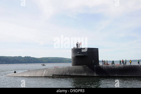 BANGOR, Wash. (June 6, 2013) The ballistic missile submarine USS Nebraska (SSBN 739) returns to homeport at Naval Base Kitsap-Bangor following a strategic deterrent patrol. Stock Photo