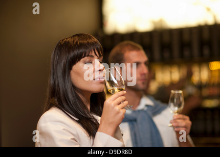 Wine tasting at wine growers shop Stock Photo