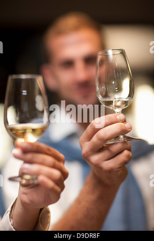 Holding up wine glass to check colour of wine Stock Photo