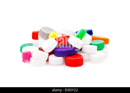 olorful plastic caps isolated in white Stock Photo