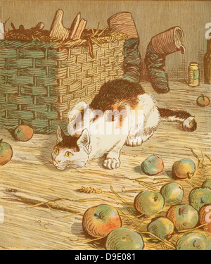 'The House that Jack Built'' accumulative nursery rhyme.  The cat that ate the rat that ate the malt.  Illustration by Randolph Caldecott. Stock Photo