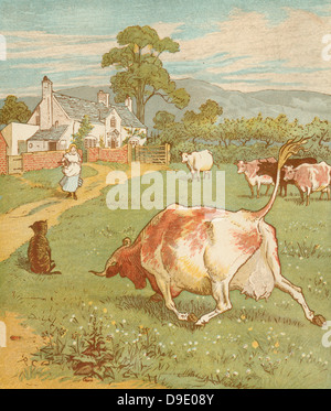 'The House that Jack Built'' accumulative nursery rhyme.  This the cow with the crumpled horn that tossed the dog...   Illustration by Randolph Caldecott. Stock Photo