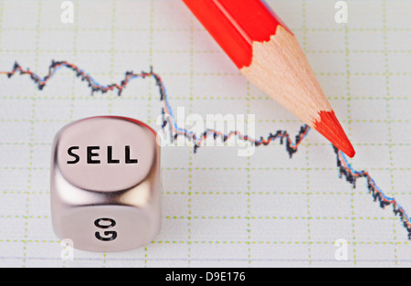 Downtrend chart,red pencil and dice cube with the word SELL. Selective focus Stock Photo