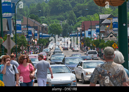 Crowded street scene on main street in Gatlinburg Tennessee Stock Photo