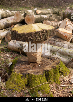 Uk, Cheshire, pile of freshly harvested timber and sculpture Stock Photo