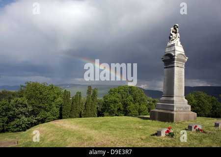 HIGHLAND CEMETERY LOCK HAVEN, PENNSYLVANIA USA RAINBOW STORM CLOUDS GRAVE MARKER HEADSTONE ANGEL SAD SITTING FLOWERS GRASS TREES Stock Photo