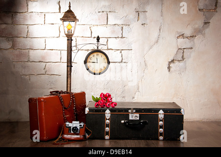 Decoration in retro style on a background of the old cracked wall. Stock Photo