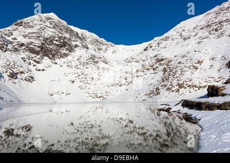 View towards Snowdon Summit (Yr Wyddfa) from Miners Track over Glaslyn, Snowdonia National Park, Wales, UK, Europe. Stock Photo