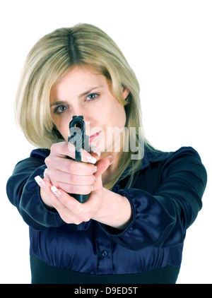 girl aiming a gun Stock Photo